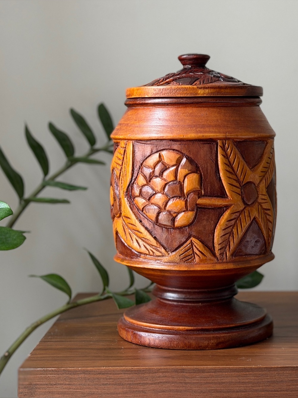 Mahogany Wood Lidded Canister Hand Carved Decorative Storage Vase Folk Art VTG